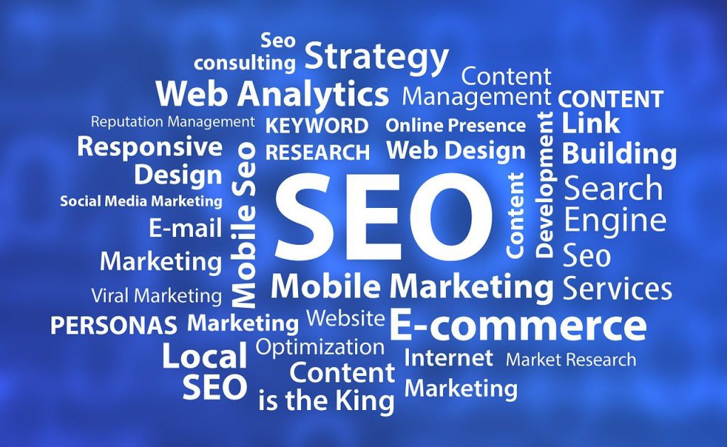 Word cloud including a variety of words surrounding busines growth around web development such as SEO, strategy, web analytics, and more.