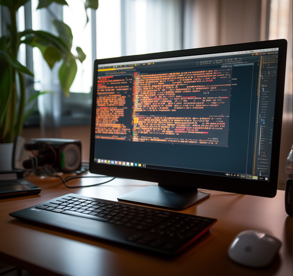A monitor on a desk brightened by outsite light, some plants on the desk, with the monitor displaying a code editor with unreadable code where web development would be done.